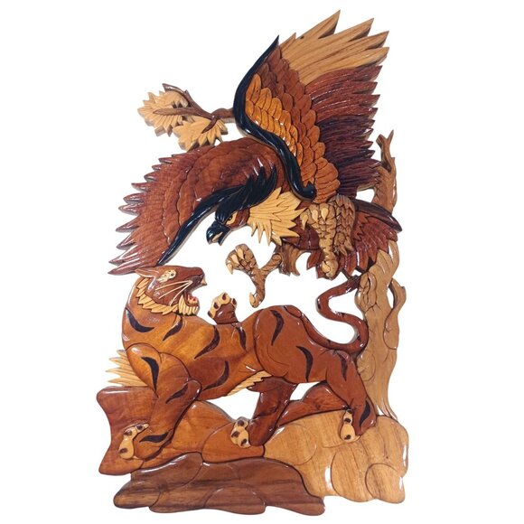 Handcrafted Wood 3D  Intarsia Wall Sculpture Art Tiger Patriotic Eagle B… - Picture 7 of 8